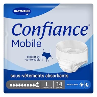 Confiance Mobile - Slips Absorbants pour Hommes et Femmes - Niveau d'Absorption = 10 gouttes (Fuites Urinaires Importantes) - Discrets et efficaces - pH Neutre à la Peau - Taille L - 14 Unités