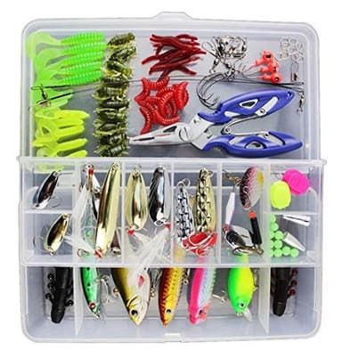 Vicloon Leurres de Pêche 101pcs - Spinnerbaits,Plastique vers,Minnow,Popper,Crayon en Métal Dur Leurres,Souples Pêche Jigs Crochets - Kit d'appâts Portable avec Boîte