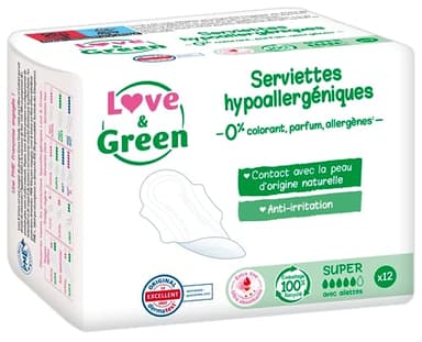 Love & Green Serviettes hygiéniques, écologiques et hypoallergéniques - certifiées Ecolabel et Dermatest - "SUPER" x 12 : Sans colorant, parfum, allergènes