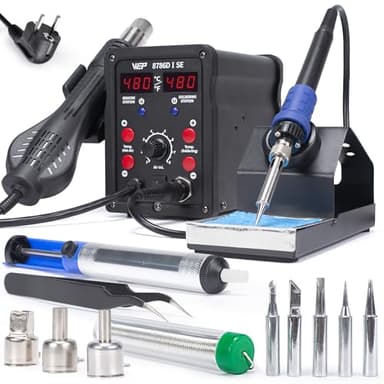 WEP 8786D-I SE Kit station de soudage à air chaud 2-en-1 pour réparation, désoudage avec fil de soudure sans plomb, 5 pointes de soudure, 3 bouches d'air chaud, pince, pompe à dé-souder (EU Plug)
