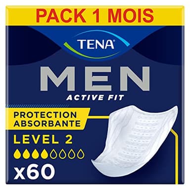 TENA Men Protections Urinaires Absorbantes Hommes Niveau 2 - Incontinence Homme - Pour Fuites Urinaires Modérées, Sans parfum, Blanc, 60 Protections (Pack 1 mois)
