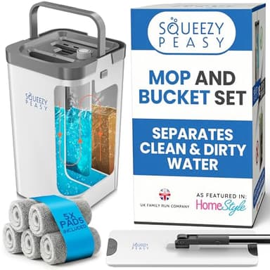 SqueezyPeasy Ensemble balai plat et seau de qualité supérieure – Séparent l'eau propre et sale – Compact et léger – Système de nettoyage du sol à 3 chambres – Tête rotative à 360° – 5 serpillères