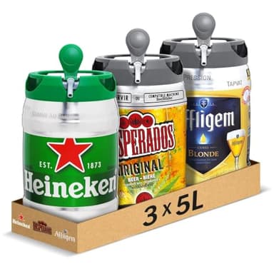 Heineken, Desperados Original, Affligem - Pack de 3 Fûts 5L - Bières Blondes - Compatible Tireuse BeerTender, Utilisable sans Machine à Bière, Bières à Domicile