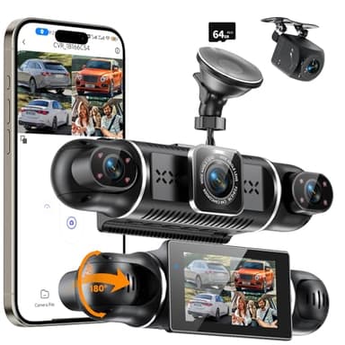 360° Dashcam Voiture Avant Arriere 4k + 1080p-4 Canaux Dash Cam avec Carte SD 64g, Écran IPS 3", Grand Angle 4 X 140°,Vision Nocturne,WDR, G-Capteur,Enregistrement en Boucle,App,24h Mode Parking