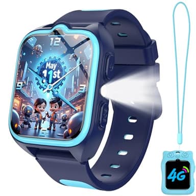 IOWODO Montre Connectée Enfants 2025 | 4G LTE avec Carte SIM | GPS Traceur + SOS Appel Urgence | Batterie | Appels Vidéo et Chat Vocal |Mode école et Zones de Sécurité | 5-12 Ans (Bleu)