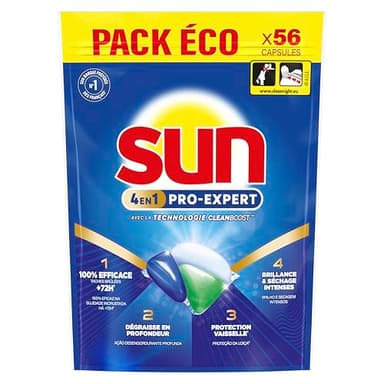 Sun - Pro Expert - Pastilles Lave Vaisselle - Action 4 en 1 - Regular - Elimine 100% des taches brûlées de +72h - dégraissent en Profondeur - 56 Capsules