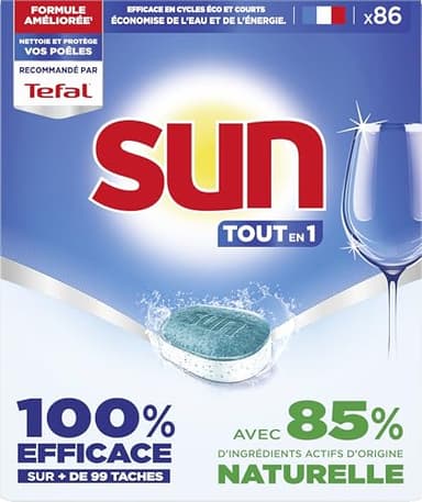 SUN - pastilles lave-vaisselle Tout en 1 Regular - 86 tablettes - avec 85% d'ingrédients d'origine naturelle - 100% efficace sur + de 99 taches - Fabriqué en France