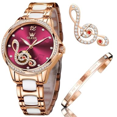 OLEVS Montres pour Femme à remontage Automatique en Or Rose avec Diamants Robes de Luxe Bracelet en céramique Blanche