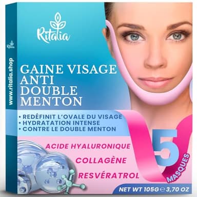 Ritalia® Masque Visage Femme | Gaine anti double menton avec Collagène et Acide Hyaluronique | 5 Masques réducteurs effet lifting | Masque lifting visage