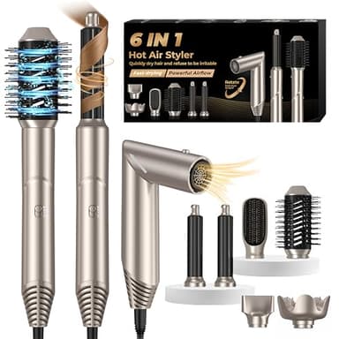Air Styler 6 en 1 Air Brush Brosse Chauffante Brushing Sèche-Cheveux avec Diffuseur 6 en 1 Brosse Soufflante Airstyler Boucleur a Cheveux à Air Brosse à Lissante Ensemble Airbrush Coiffure Femmes, Or