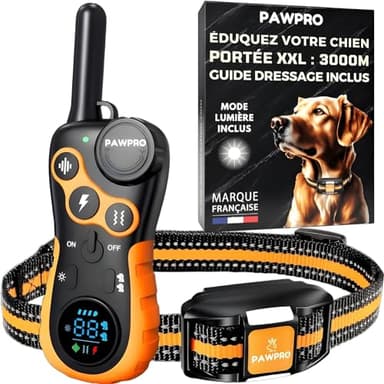 PAWPRO Collier de Dressage, Portée de 3km, Mode Lumière Nocturne, Guide de Dressage Inclus, 124 Niveaux d’Entraînement, BIP Vibration Choc, Adapté à Tous Les Chiens, Étanche Rechargeable, Marque FR