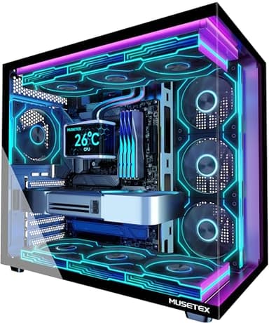 MUSETEX Y6 Boîtier PC, 7 Ventilateurs ARGB PWM Infinity Mirror préinstallés, Vue 270° en Verre Trempé, Connectique Type-C, Boîtier PC Gamer Mid-Tower ATX, Noir