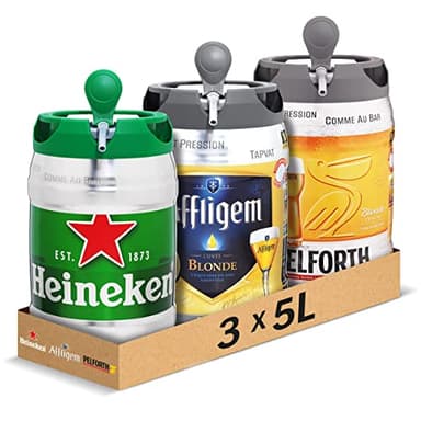 Heineken, Affligem, Pelforth - Pack de 3 Fûts 5L - Bières Blondes 6,7°et 5,8° - Compatible Tireuse BeerTender, Utilisable sans Machine , pour Domicile