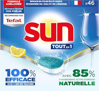 SUN - pastilles lave-vaisselle Tout en 1 Citron 46 tablettes - avec 85% d'ingrédients d'origine naturelle - 100% efficace sur + de 99 taches