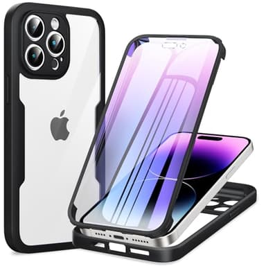 Phoona 360 degrés Coque pour iPhone 14 Pro Max avec Transparent Protection d'écran, TPU Silicone Antichoc écran Coque, Anti-Rayures Portable Intégrale Étui Housse pour iPhone 14 Pro Max, Noir