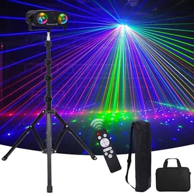 Lumières Disco 5 en 1 avec Trépied - Kaléidoscope, Motifs Rouge et Vert, Activation Sonore et Effet Stroboscopique - Boule Disco Portable pour Fête d'Anniversaire, Soirée, Mariage et Club