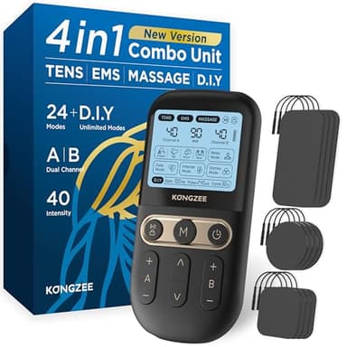 4 en 1 Unité DIY & Tens & EMS & Massage Stimulateur musculaire, Machine de thérapie à TENS pour soulager la douleur, Masseur d'impulsions électronique autorisé par la FDA, avec 12 électrodes (Noir)
