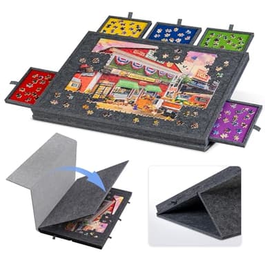 Lavievert Planche de Puzzle Inclinable 2 en 1 - Support et Housse, Plateau en Feutre Léger Avec 6 Tiroirs pour Adultes et Enfants, Table Portable Jusqu'à 1000 Pièces