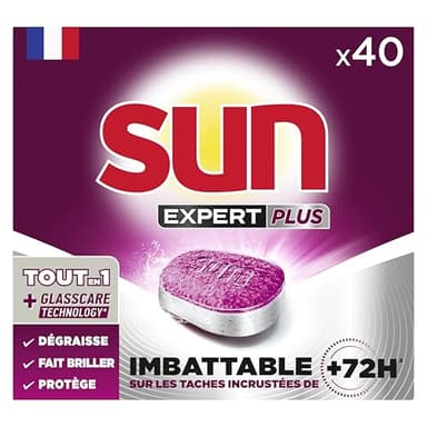 SUN - pastilles lave-vaisselle Tout en 1 Expert Plus - 40 tablettes - regular - imbattable sur les taches incrustées de + de 72h - Fabriqué en France