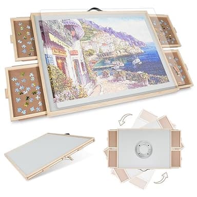 Planche de Puzzle 2 en 1 inclinable et rotative pour Adultes - Bureau de Puzzle en Bois avec 4 tiroirs