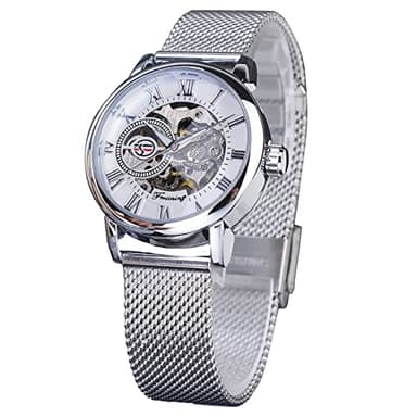 Forsining Montre automatique mécanique de luxe pour femme avec cadran doré et bracelet en maille en acier inoxydable - Chiffres romains - Remontage automatique - Bracelet argenté
