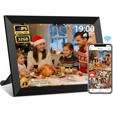 UCMDA Cadre Photo Numérique WiFi - 10.1 Pouces IPS Écran Tactile Smart Cloud Connecté avec 32Go Espace, Partagez Instantanément des Clips Vidéo et Photos Via l'application Frameo,Rotation