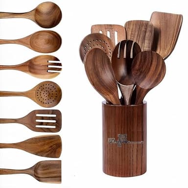 D.Sirez Ensemble d'ustensiles de cuisine en bois d'acacia 7 + 1 spatules essentielles en bois d'acacia pour un usage quotidien
