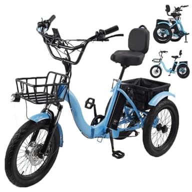 GCLCPAEN Tricycle Électrique,Pneus Larges 18x3,Pliable,3 Modes De Conduite,7 Vitesses,Panier De Rangement,Tableau De Bord Numérique,Sensibilité du Freinage,pour Les Pique-Niques,Le Fitness Blue