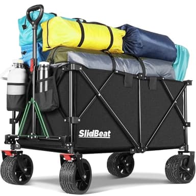 SLIDBEAT Chariot Tout Terrain Pliable - 226kg Capacité 300L, Roues XXL 18cm, Chariot Plage avec Freins, Structure Triangulaire Renforcée, Toile 600D Imperméable - Pour Plage, Camping, Peche, Transport