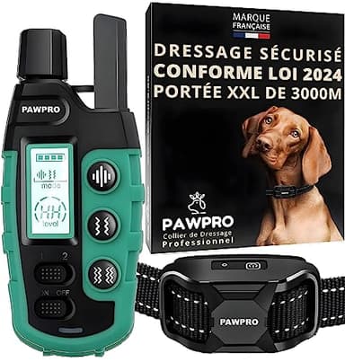 PAWPRO Collier de Dressage, Portée XXL de 3000m, Conforme Nouvelle Loi 2024 Bien-Être Animal, 3 Modes BIP, Boost Vibration, pour Chiens de Toutes Tailles, Marque Française (1pcs)