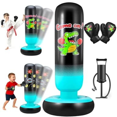EIVONDA Sac de Boxe Enfant Sac de Frappe avec Gants de Boxe & Pompe 165cm Grand Stable Dinosaure & Cible à Frapper 2 en 1 Gonflable Sacs de Frappe pour Enfants Cadeaux pour Garçons et Filles 3-12 Ans